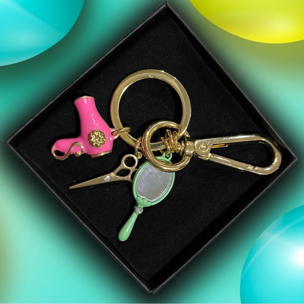 Gold Keyring with Pink Blower, Green Mirror & Scissors Charms